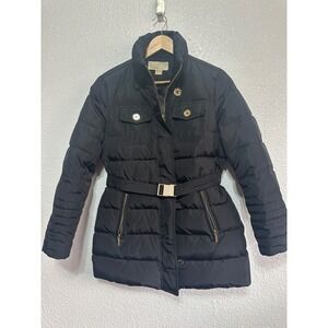 Michael Kors Black Belted Puffer Coat Jacket Gold Hardware Womens PM Petite Med